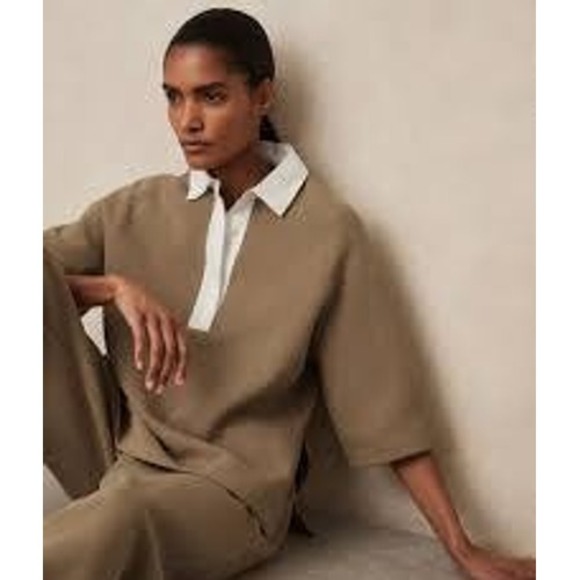 REISS Gaia Camel Tan Interlock Contrast Collar Sweater Top Womens M - Picture 2 of 14